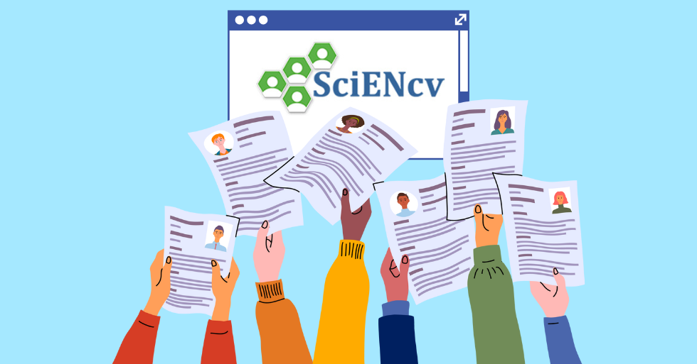 illustration of hands lifting their CVs up to a computer screen with the ScienCV logo on it