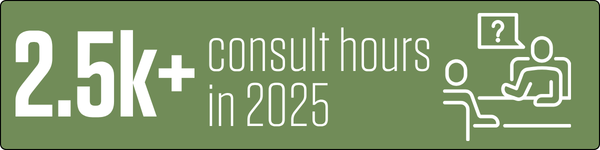 2.5k+ consult hours in 2025, icon of two people sitting across from one another at a desk, with a thought bubble containing a question mark