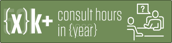 [x}k+ consult hours in {year}, icon of two people sitting across from one another at a desk, with a thought bubble containing a question mark