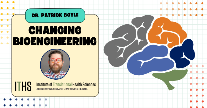Dr. Patrick Boyle: Changing Bioengineering. Headshot of Dr. Boyle. Illustration of a brain.
