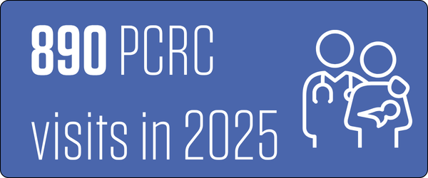 890 PCRC visits in 2025, icon of doctor with arm around person holding a baby
