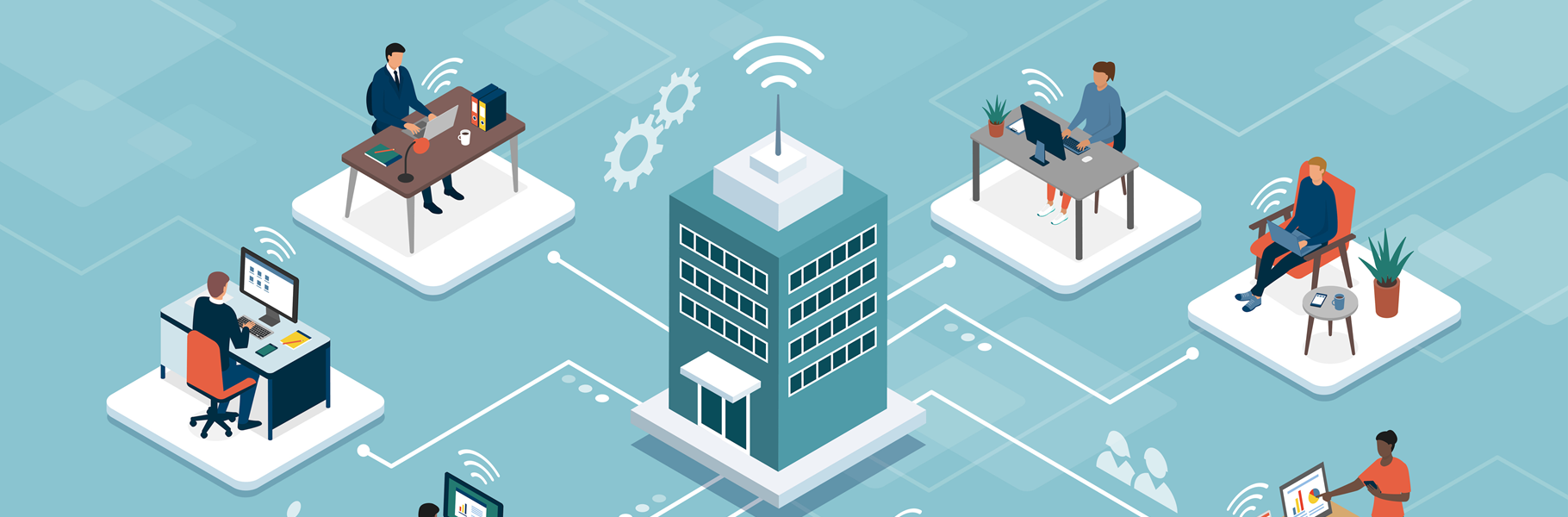 Tall building with radio antenna surrounded by workers at computer desks