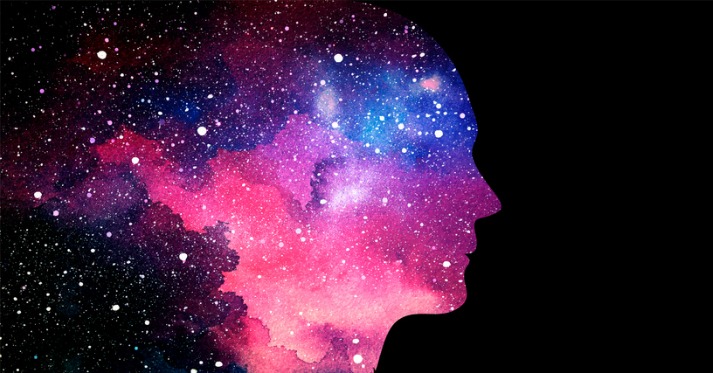 illustration of human head on starry space background