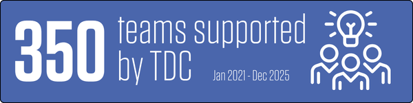 350 teams supported by TDC (Jan 2021 - Dec 2025), icon of people standing beneath a shining light bulb