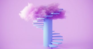 illustration of a circular staircase going up into a cloud