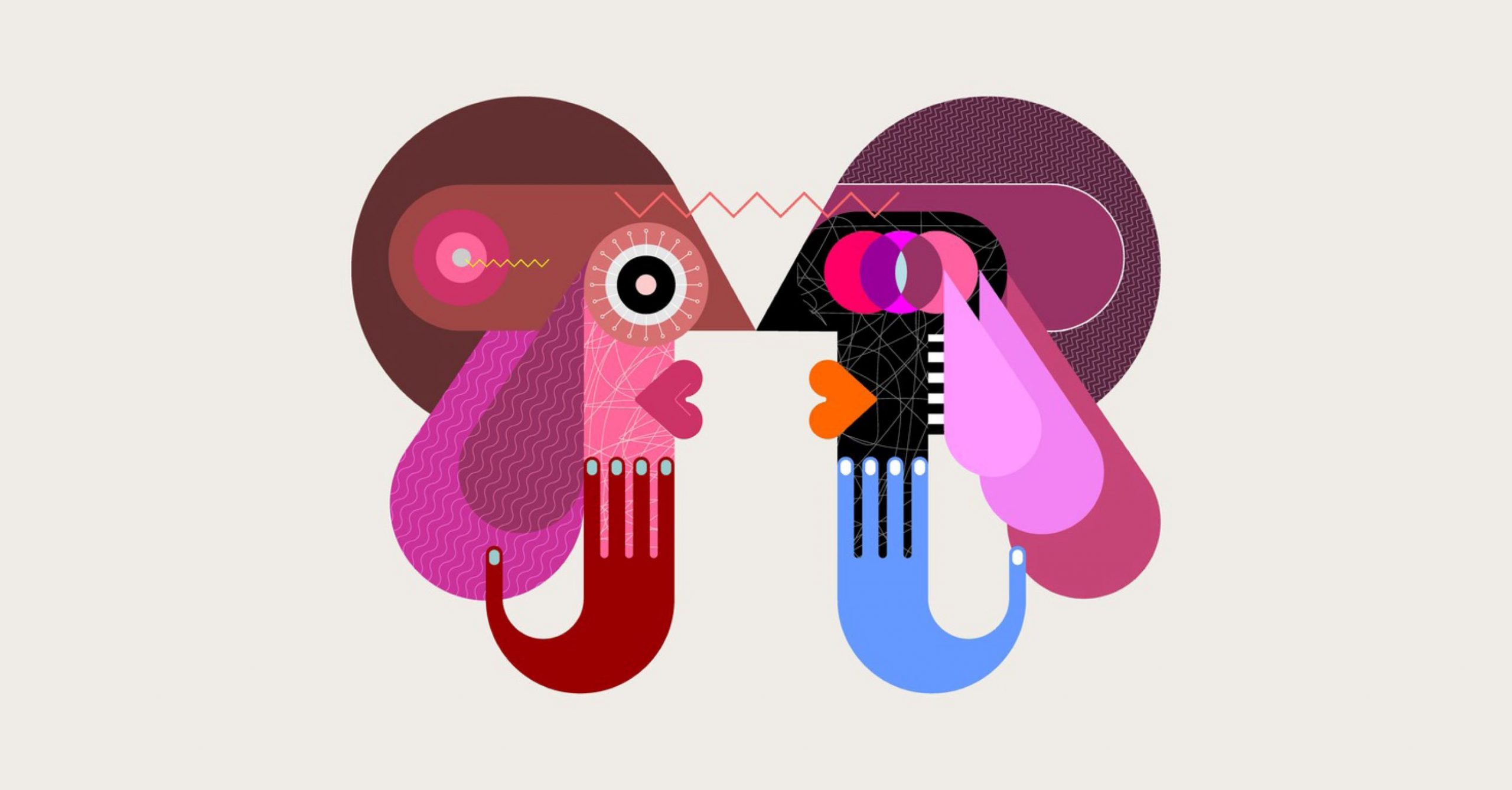 cubist style illustration of two people talking to each other