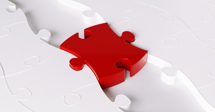 3d render of a red jigsaw puzzle forming a bridge between white puzzles