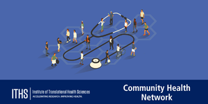 illustration of various people walking around, connected by a hexagon shaped pattern at their feet and the enormous stethoscope winding among them 