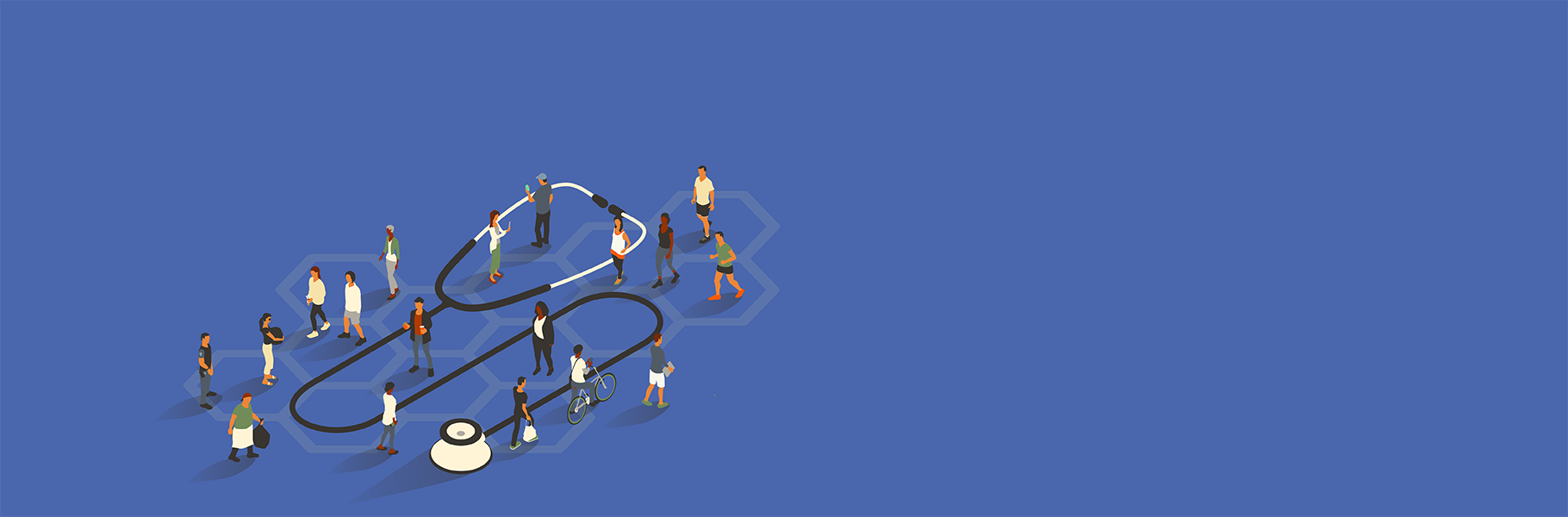 illustration of various people walking around, connected by a hexagon shaped pattern at their feet and the enormous stethoscope winding among them