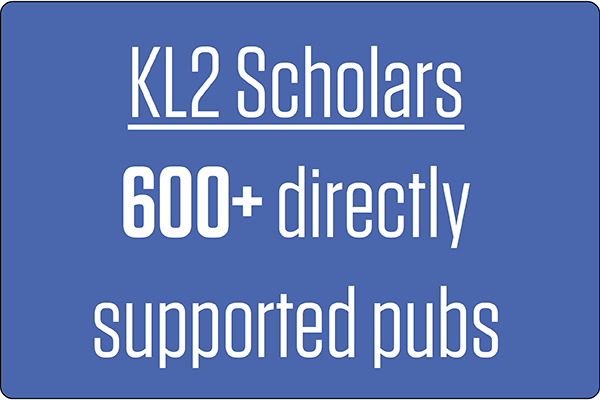 text in image says KL2 scholars 600+ directly supported pubs