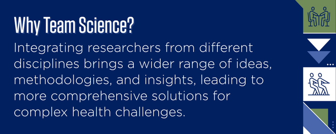 why team science? Integrating researchers from different disciplines brings a wider range of ideas, methodologies, and insights, leading to more comprehensive solutions for complex health challenges. 